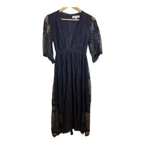 By Together Black Lace Dress Maxi Deep V-Neck Lace 3/4 Sleeve Small